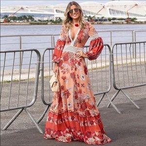 Bohemian Gypsy Crochet Floral Flowing Maxi Dress